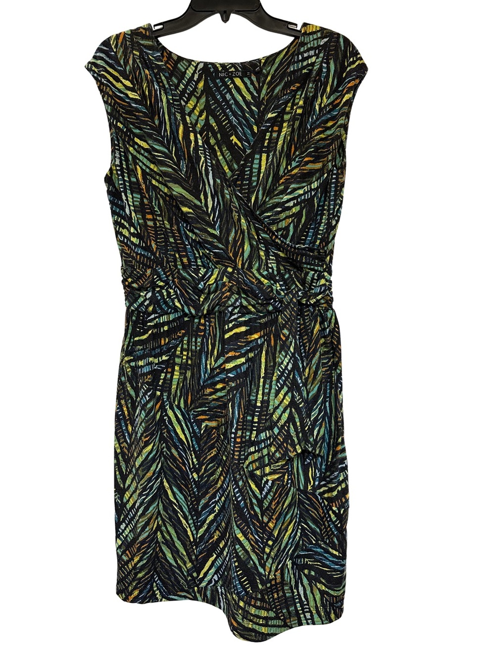 Nic + Zoe Faux Wrap Dress Medium Green Palm Print Tropical Resort Career Sheath